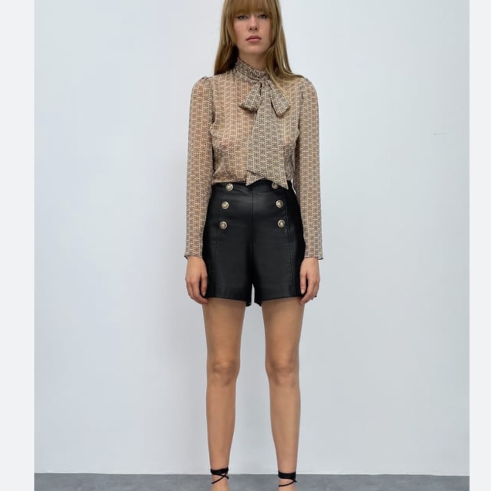 NWT Zara Sheer Blouse with Silver Buttons and Bow XS